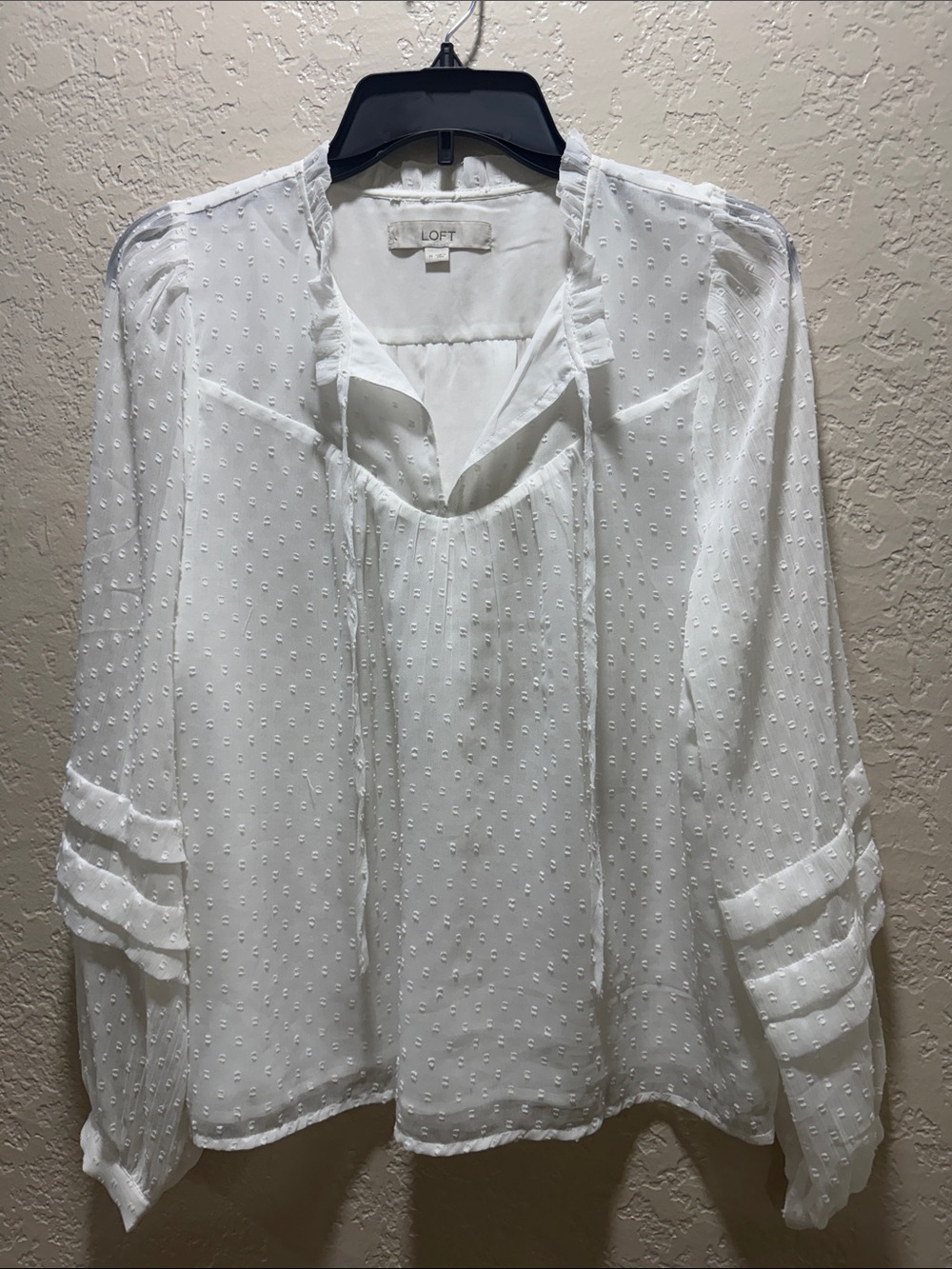 LOFT White Swiss Dot Ruffle Neck Blouse Size Medium Boho Peasant Top